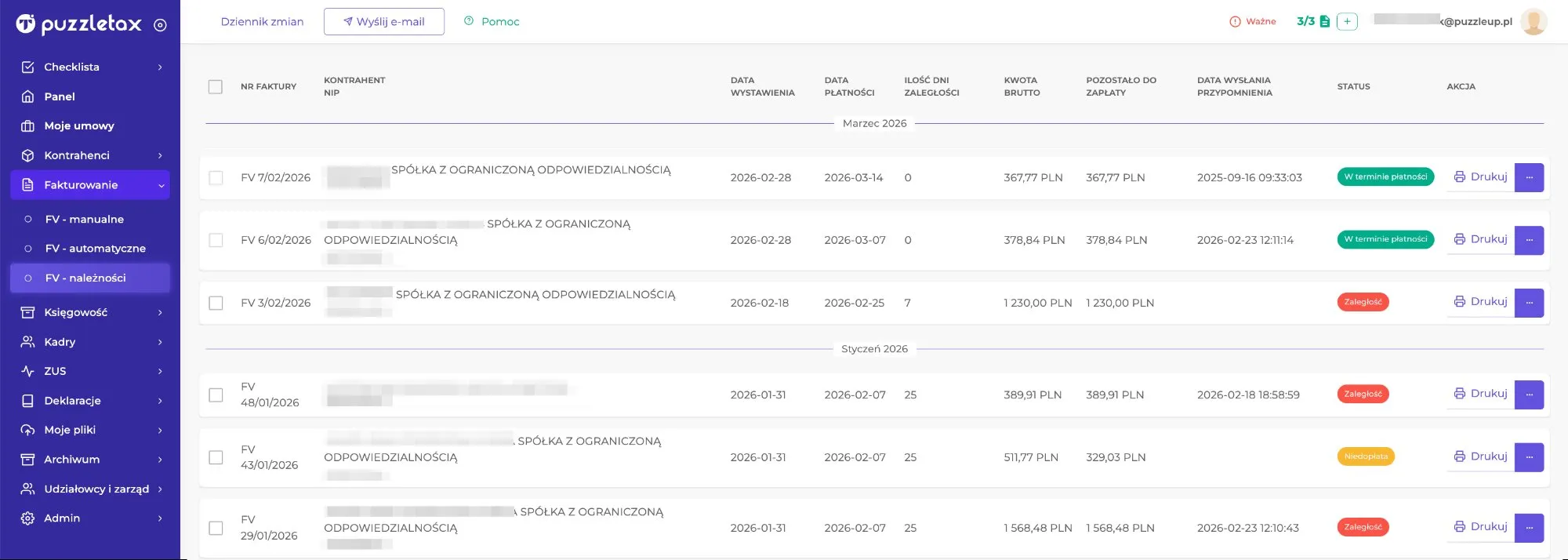 Monitoring płatności – lista należności