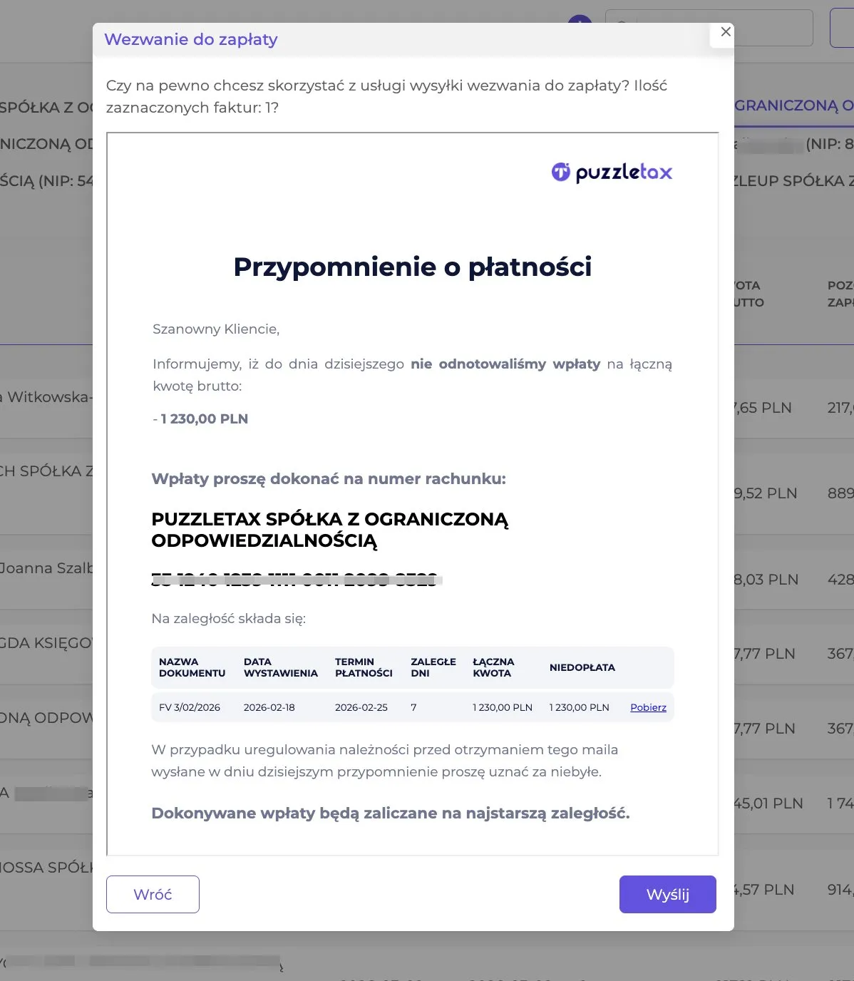 Monitoring płatności – wezwanie do zapłaty